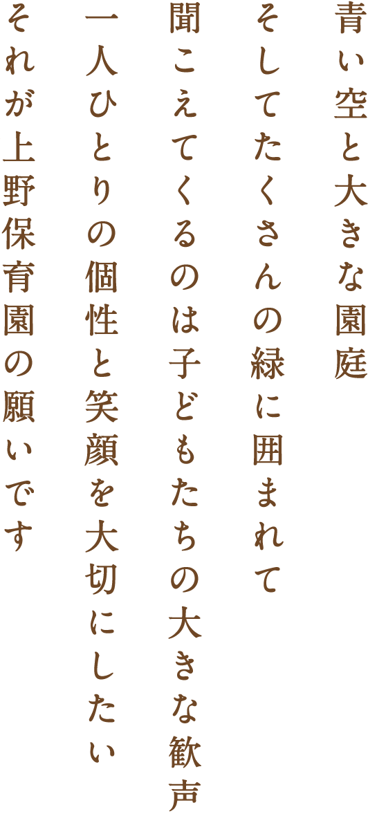 青い空と大きな園庭、そしてたくさんの緑に囲まれて、聞こえてくるのは子どもたちの大きな歓声、一人ひとりの個性と笑顔を大切にしたい、それが上野保育園の願いです。